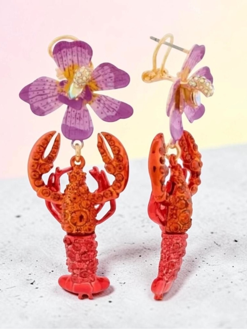 Betsey Johnson Purple Flower and Red Lobster Drop Earrings